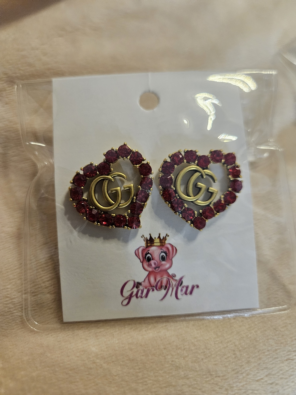 Gold Double-G Heart Stud Earrings with Pink Gemstones
